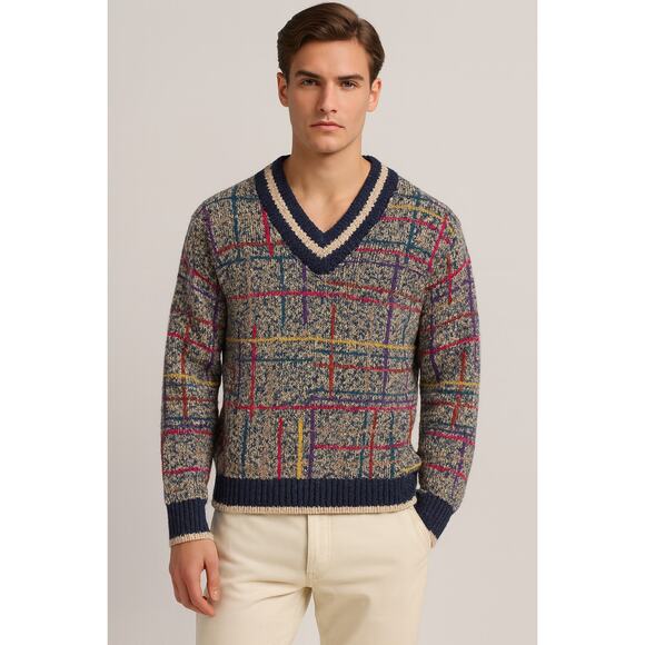 Vintage Boston Traders Linen Blend Classic Tennis Sweater Mens Large V-Neck - Picture 1 of 8